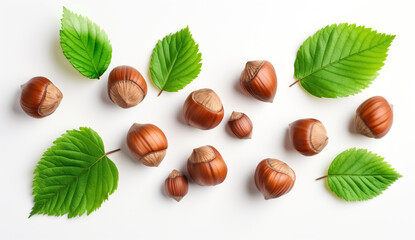 hazelnuts  with green leaves creative pattern isolated on white background, Top view and flat lay