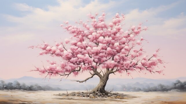  a painting of a pink tree in the middle of a desert with mountains in the background and clouds in the sky.