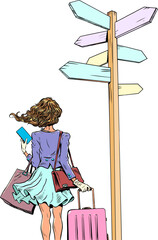 A girl stands with a suitcase and bag in front of a fork and a sign. Choosing the life path you will take. Options for new travel to other places. Pop Art Retro