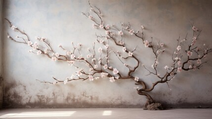  a branch of a blossoming tree in front of a wall with a shadow of a cat on the floor.