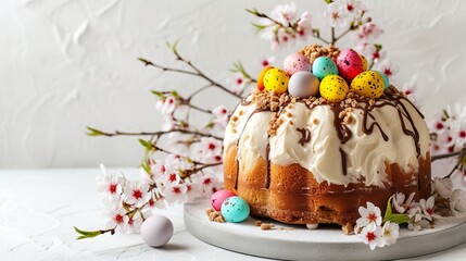 Homemade traditionla Easter kulich cake with chocolate nests and eggs, blossoming cherry branches and muscari flowers. White background. Banner size