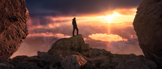 Adventurous Man Hiker standing on peak. Fog and Mountains in background. Adventure Composite 3d Rendering.