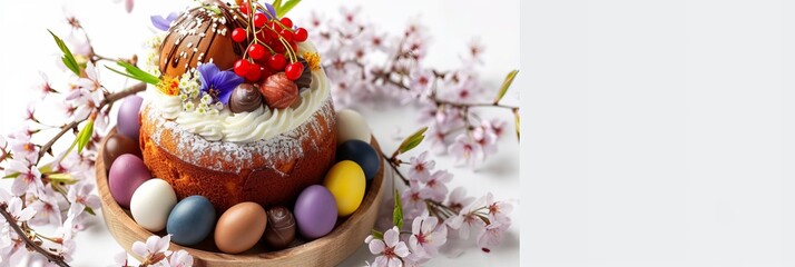 Homemade traditionla Easter kulich cake with chocolate nests and eggs, blossoming cherry branches and muscari flowers. White background. Banner size - obrazy, fototapety, plakaty