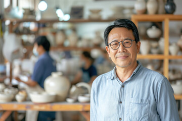 Portrait of cheerful Asian mature man successful entrepreneur potter standing in his ceramic workshop. Male ceramist owner small business ceramic studio