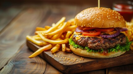 Juicy beef burger and french fries on wooden board with blank space,selective focus