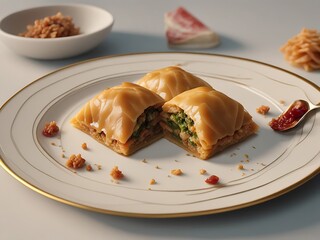 Traditional Arabic dessert Baklava with honey. Delicious Golden Baklava. 