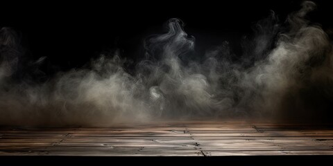 Dark background with smoke engulfing an aged wooden table top.