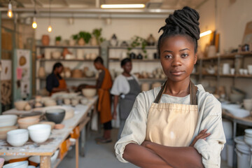 Portrait of young African American female pottery artist in her ceramic studio. Black woman ceramist small business owner in pottery workshop
