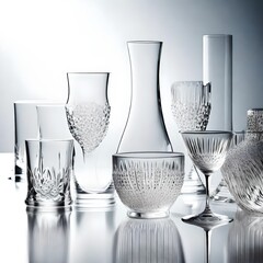 a set of crystal glassware arranged on a pristine white background
