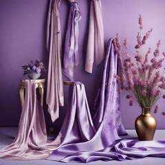 luxurious scene with a collection of silk scarves arranged on a soft lavender background