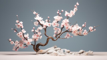  a bonsai tree with white and pink flowers in a white vase with rocks on the bottom of the vase.