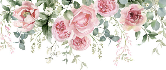 Watercolor floral border. Pink flowers and eucalyptus greenery bouquet. Dusty roses, soft light blush peony - border, wreath, frame. Perfect wedding stationary, greetings, fashion, background - obrazy, fototapety, plakaty