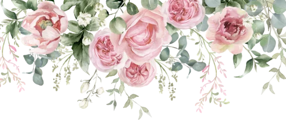 Foto op Plexiglas Watercolor floral border. Pink flowers and eucalyptus greenery bouquet. Dusty roses, soft light blush peony - border, wreath, frame. Perfect wedding stationary, greetings, fashion, background © Nataliya Kunitsyna