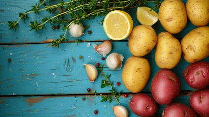 Starchy yellow and red potatoes with fresh thyme, garlic and lemon on a blue wooden background, flat lay 