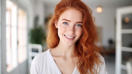 Portrait of a Beautiful Redhead Woman Smiling, Cheerful and Optimistic Student Indoors Generative AI