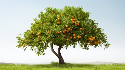  a tree filled with lots of oranges on top of a lush green field with a blue sky in the background.
