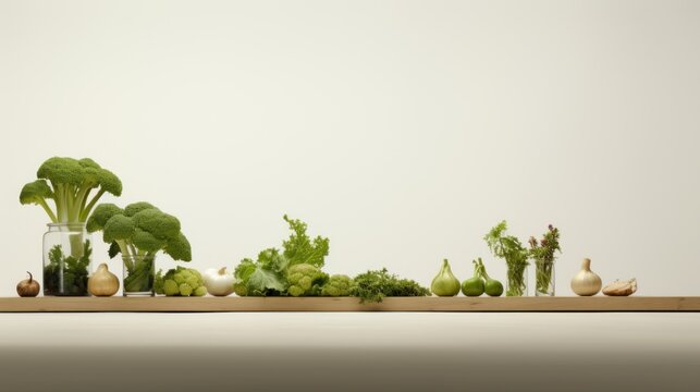  a variety of vegetables are arranged in a row on a long wooden shelf with a white wall in the background.