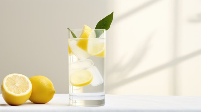  a glass of water with lemons and ice cubes on a table with a shadow of a wall in the background.