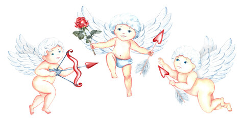 Obraz na płótnie Canvas A set of cute, adorable adorable Cupids with arrows and a bow. Little angels or the god Eros. A hand-drawn watercolor illustration. For Valentine's Day and wedding. For postcards, prints, packaging.
