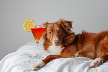 Playful illustration: a tipsy dog sipping a cocktail against a white backdrop, adding a whimsical touch to the scene generative ai