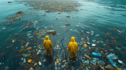 people cleaning plastic waste from the ocean