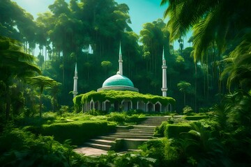 green mosque surrounded by lush vegetation on a sky-blue background