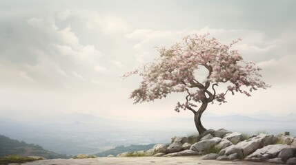  a painting of a tree on top of a rocky hill with a view of mountains in the distance and clouds in the sky.