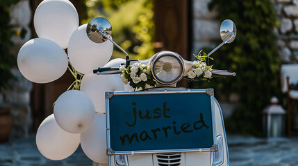 Retro vespa with just married sign, wedding marriage, celebration, romantic