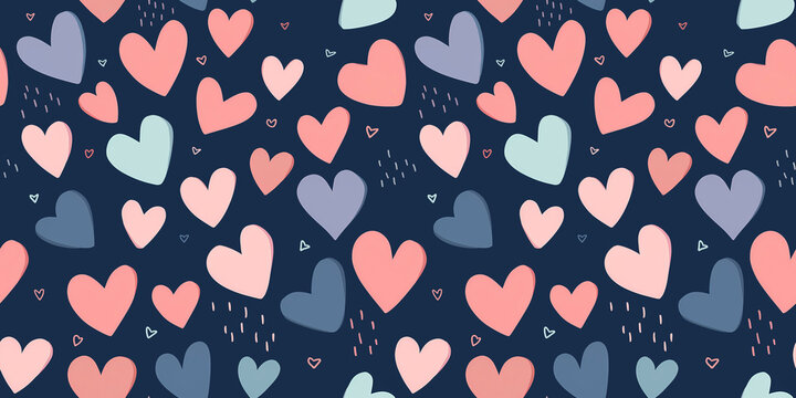 Seamless pattern with colorful hearts on dark blue background. Scandinavian style cute heart pattern. For Valentine's Day, wedding, packaging, wrapping paper, wallpaper, fabric, textile.