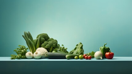  a table topped with lots of vegetables on top of a blue table covered in broccoli, cauliflower, tomatoes, and cucumbers.