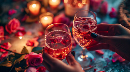 Two glasses with drinks, wine, cocktails, champagne, valentine, romantic, celebration, cheers, 