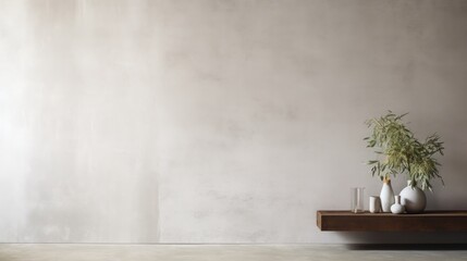  a table with vases and a plant on top of it in front of a wall with a white background.