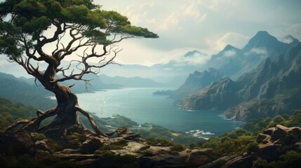Serenity of Mountains and Sea with Hanging Tree Branches Generative AI - obrazy, fototapety, plakaty