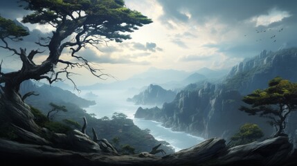 Serenity of Mountains and Sea with Hanging Tree Branches Generative AI