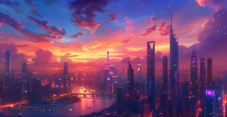 Fototapeta premium sunset over the city, vibrant cityscape at twilight, with iconic landmarks illuminated against a backdrop of a colorful sunset