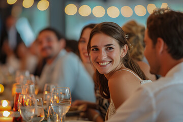 Smiling bride at her wedding dinner, celebration, party, marriage 