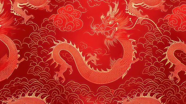 Traditional chinese Dragon gold zodiac sign isolated on red background for card design print media or festival. China lunar calendar animal happy new year.  Illustration.