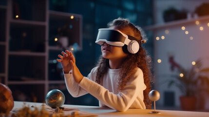 Futuristic learning: Little asian girl stargazer delves into cosmos through the magic of VR at home