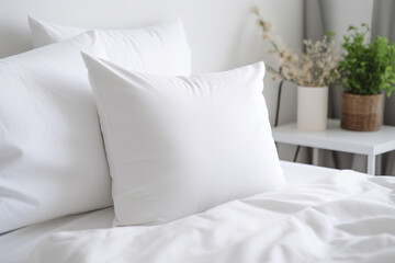 White pillow case mockup template. Blank soft pillow on the bed in bedroom