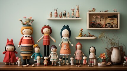  a group of figurines sitting on top of a wooden table next to a shelf filled with figurines. - obrazy, fototapety, plakaty