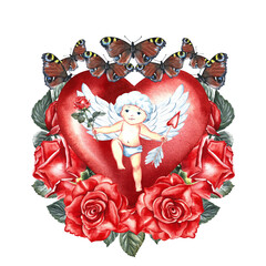 Cute little cupid on the background of a red heart with roses and butterflies. Hand-drawn watercolor illustration. For lovers, Valentine's day and weddings. For posters, greeting cards, prints.