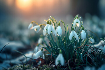 Natural background with first spring flowers white snowdrops. Generative AI - obrazy, fototapety, plakaty