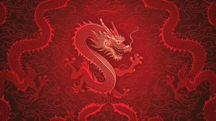 Obraz premium Traditional chinese Dragon gold zodiac sign isolated on red background for card design print media or festival. China lunar calendar animal happy new year. Illustration.