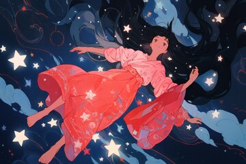 Lost in cosmic dreams: an Asian girl floats amid deep space, reaching out to a shimmering star. A young cartoon woman adrift in the vastness generative ai