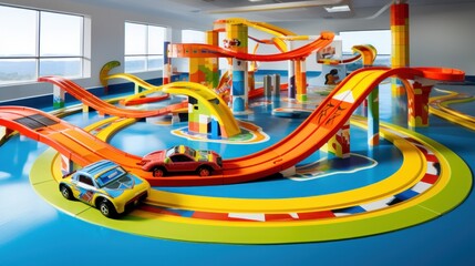  a child's play area with a toy car on the track and a toy race track on the floor.