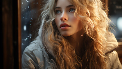 Fototapeta premium Young woman with blond hair looking outdoors, smiling generated by AI