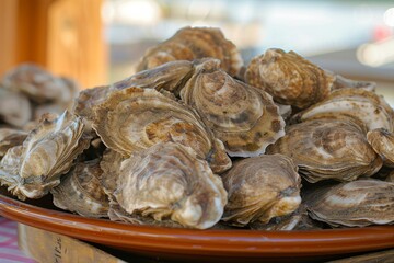 lots of oysters on a plate, in the style of nature-based patterns,