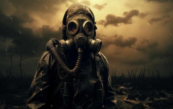 Man in gas mask in the desert Conceptual image of danger