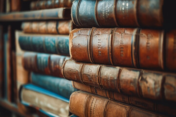 Stack of antique leather books in library. Pile of ancient books. Generative AI