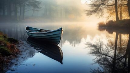 A captivating photograph capturing the serenity of a misty morning on a tranquil lake, with a rowboat peacefully moored by the shore, creating an image of calm and introspection
